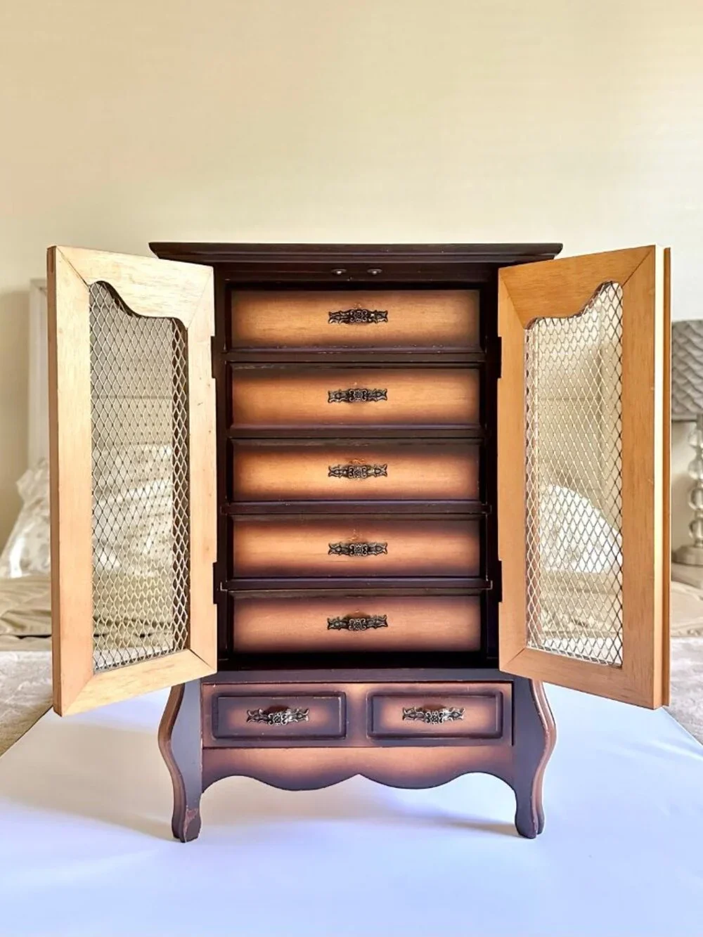 Vintage Solid Wood Sankyo-Japan Musical Jewelry Box Armoire With Drawers